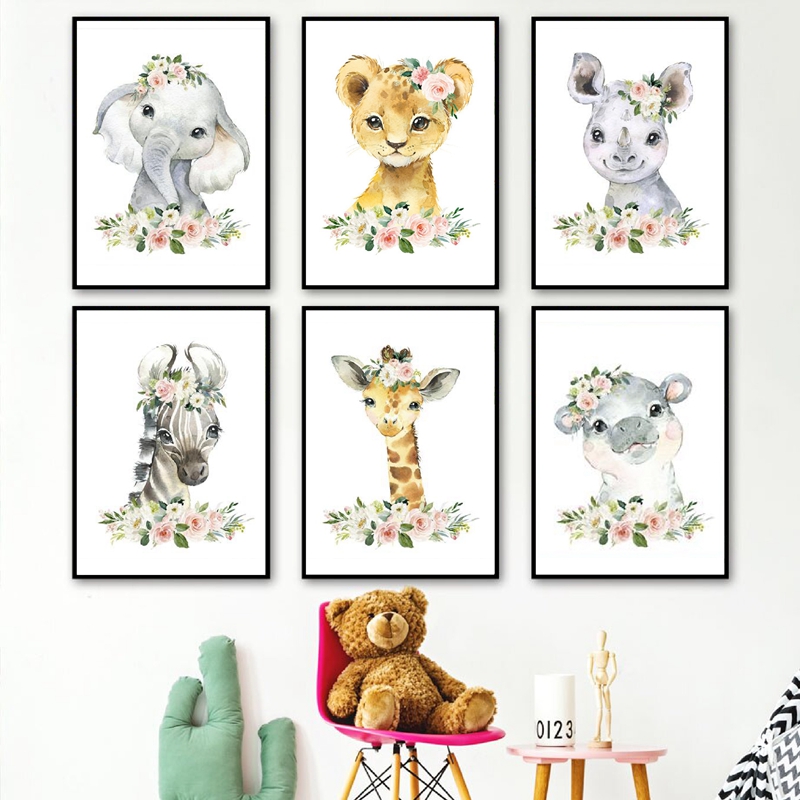 Baby Nursery Giraffe - Çiçek Orman Hayvanları Kanvas Baskılar Kreş
