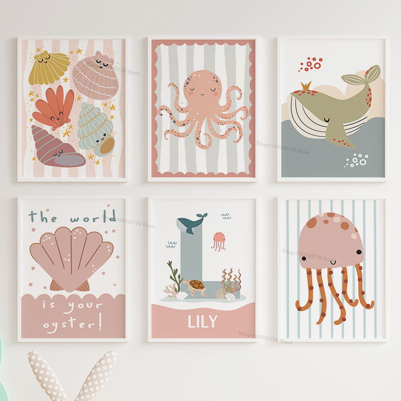 Baby Nursery Name Wall Art - Karikatür Balina Ahtapot Denizanası Tarak Özel