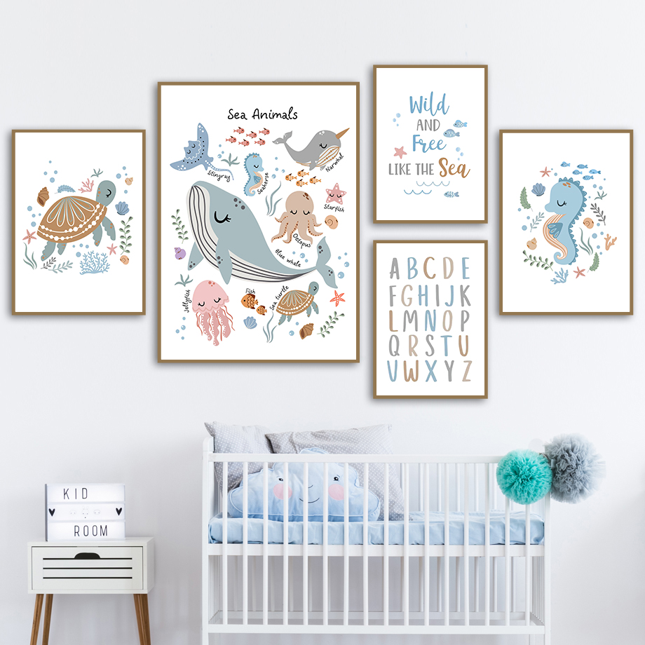 Baby Nursery Ocean - Çerçevesiz Okyanus Hayvanları Deniz Kaplumbağası Balina