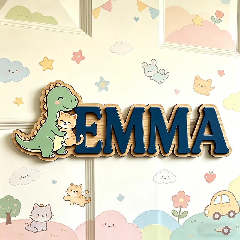 Baby Nursery Name Wall Art - Sevimli Dinozor Kedi Sarıyor Özel İsim