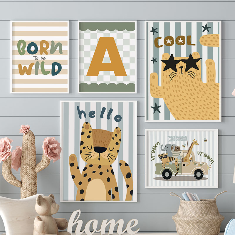 Baby Nursery Name Wall Art - Kawaii Kaplan Aslan Zürafa Araba Özel