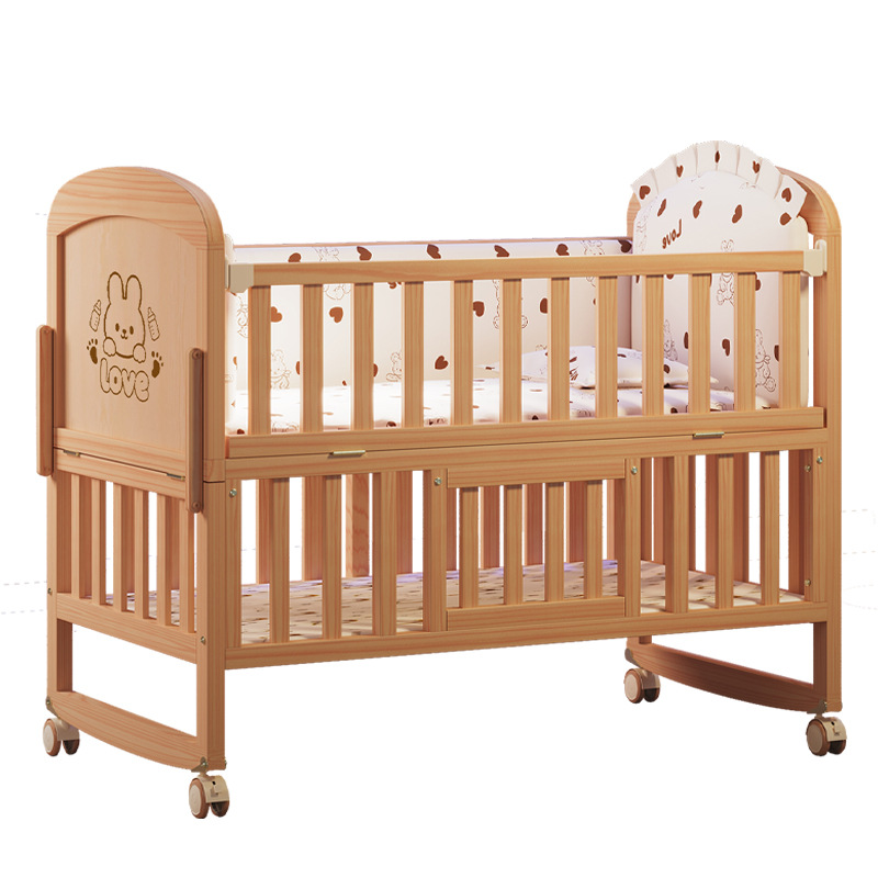 Baby Nursery With Queen Bed - Masif Ahşap Bebek Beşiği, Çıkarılabilir, Boyasız,