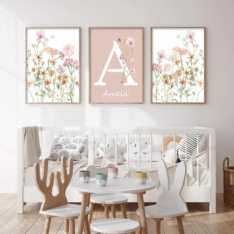 Baby Nursery Name Wall Art - Pembe Kır Çiçekleri Kız İsimleri Özel
