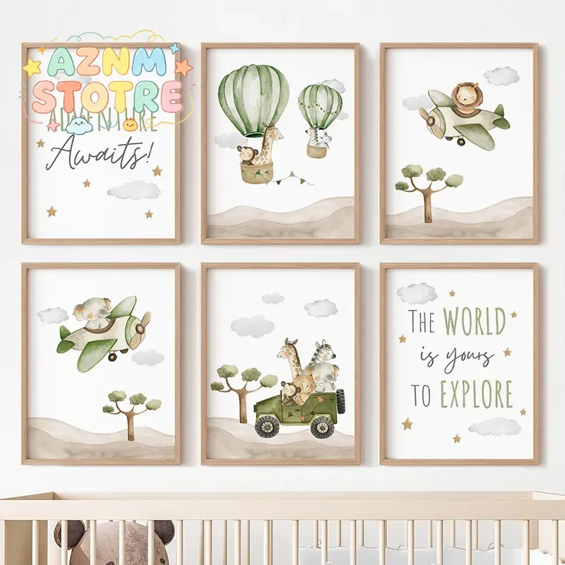 Baby Nursery Giraffe - Sıcak Hava Balonu Hayvanları Posterleri Kanvas