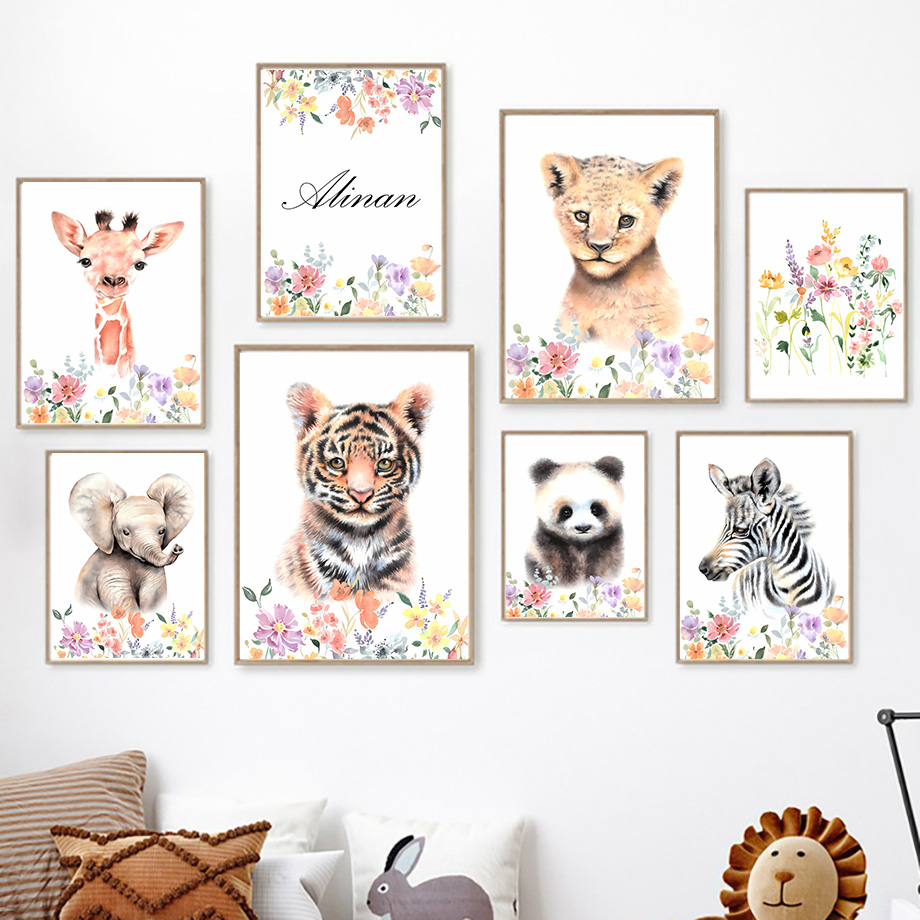 Baby Nursery Name Wall Art - Özel Ad Kaplan Panda Fil Zürafa