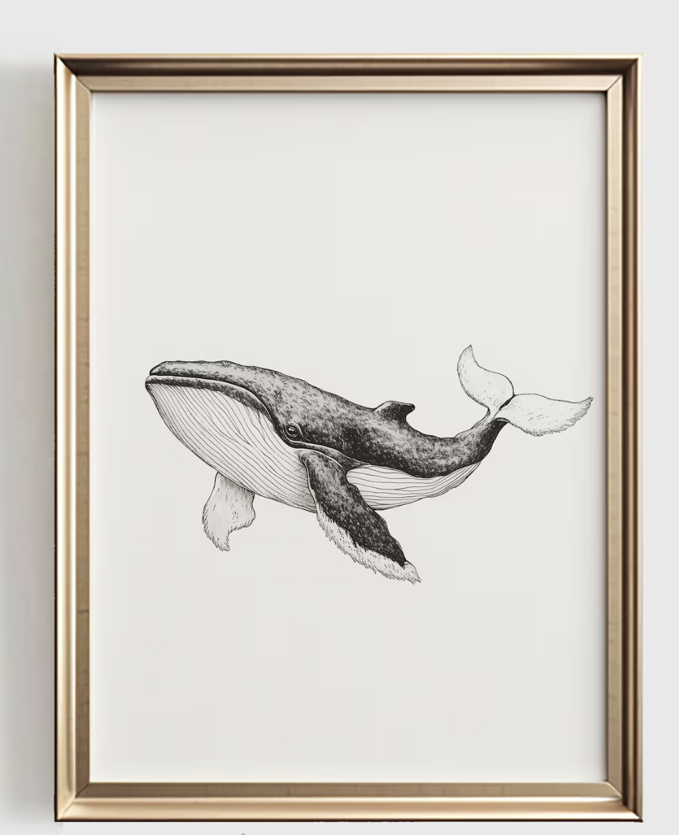 Baby Nursery Ocean - Balina Çizimli Sanat Baskısı, Minimalist Okyanus