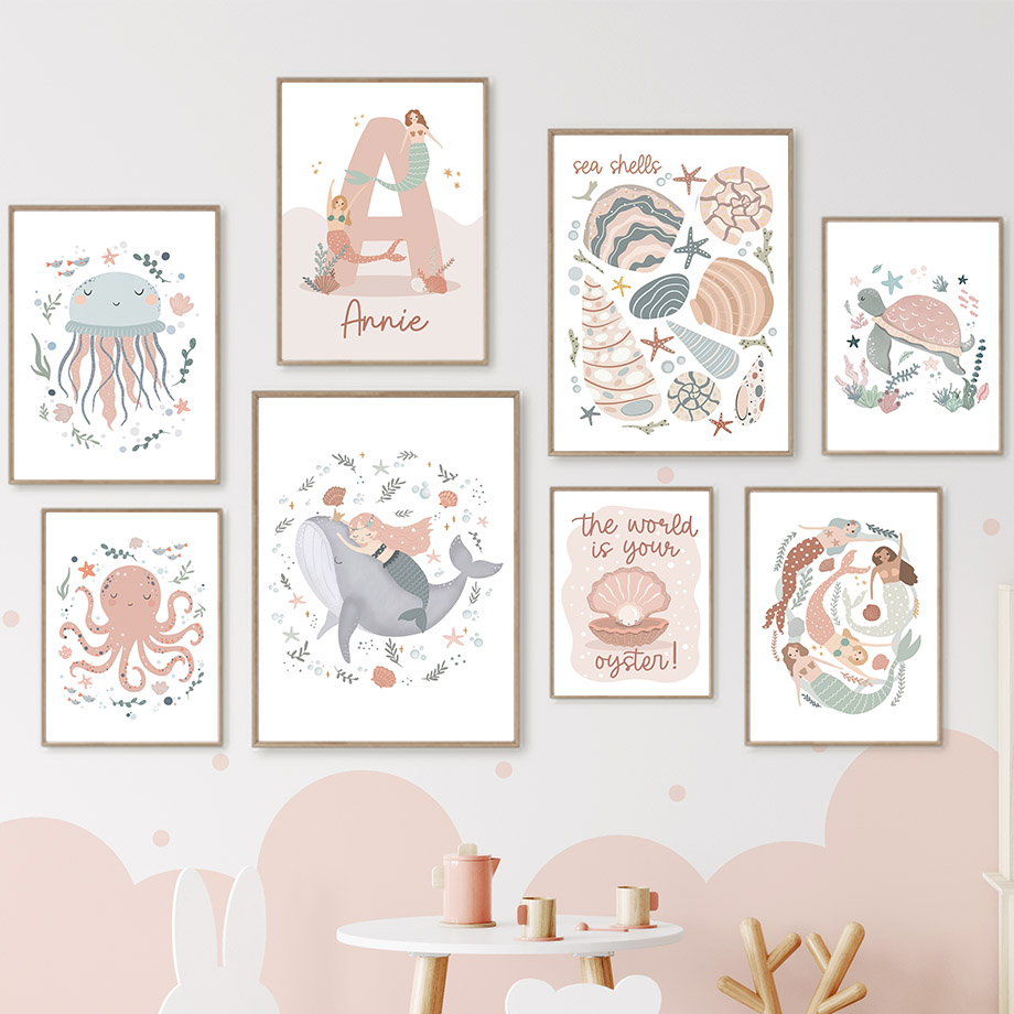 Baby Nursery Name Wall Art - Karikatür Deniz Hayvanları Balina Denizkızı Özel