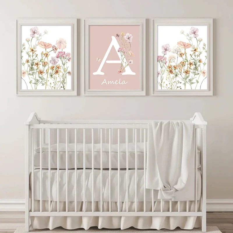 Pembe Kır Çiçekleri Kız İsimle - Baby Nursery Name Wall Art incelemesi ve fiyatı